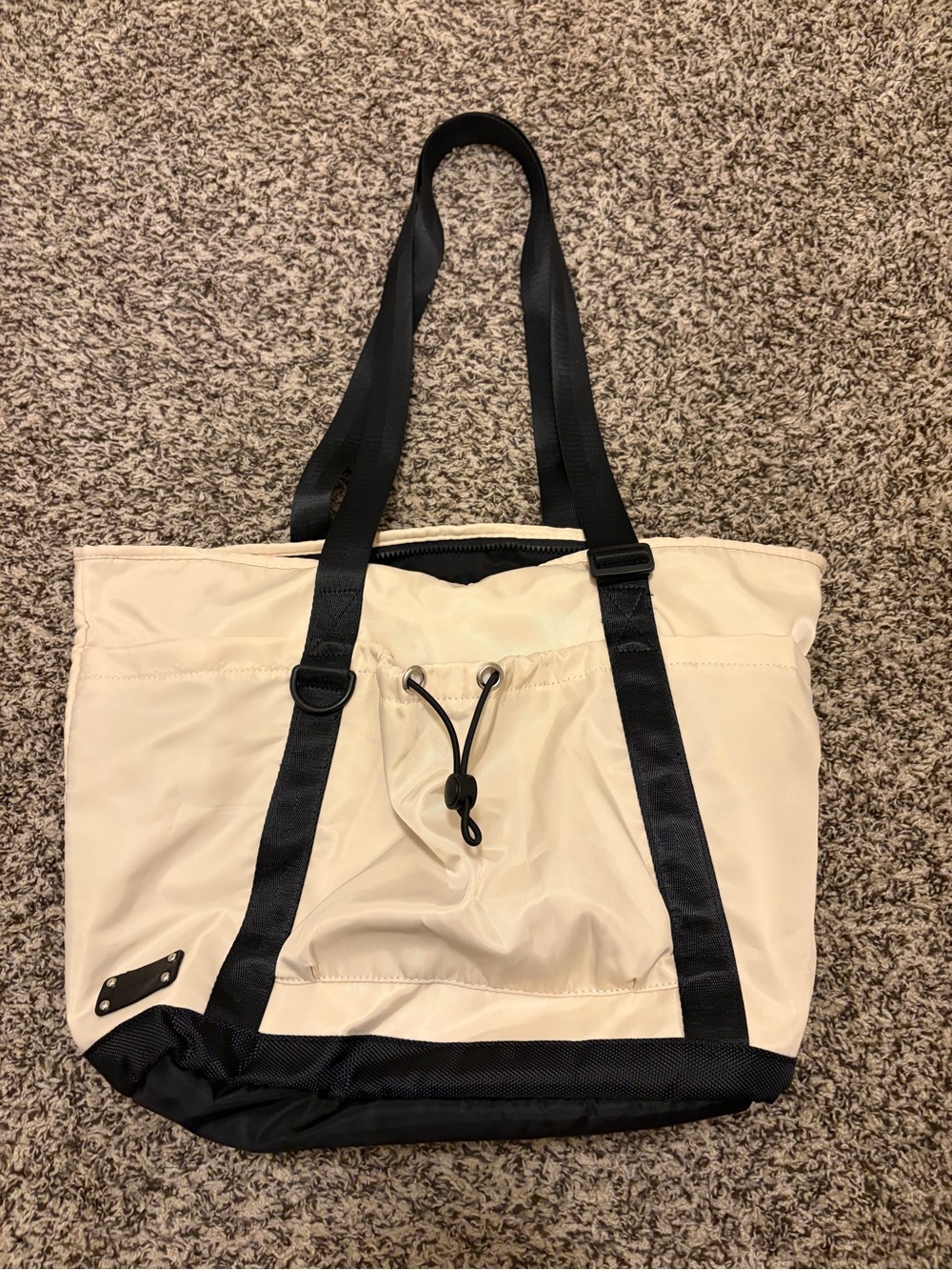 BearPaw Cream and Black Tote with Front Drawcord Pocket